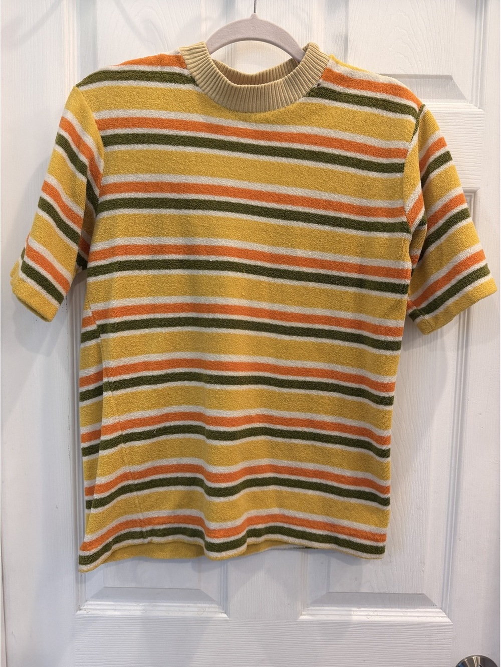 Vintage 70s Striped Short Sleeve Shirt in Yellow, Orange, and Green - Size M